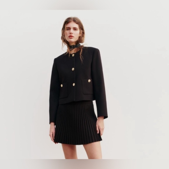 ZARA Black Cropped Blazer Jacket Gold Chain Buttons Size M brand new - Picture 1 of 16
